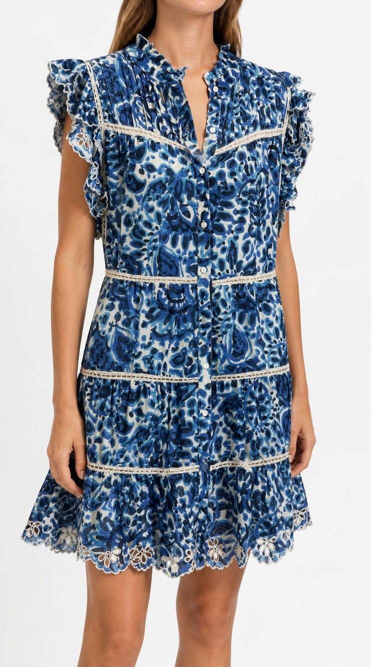 House of Harlow 1960 Blue Paisley Floral Eyelet Cotton Lined Tiered Mini Dress M
